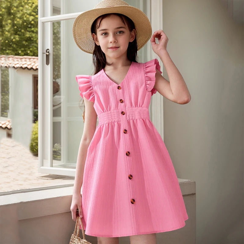 Kids Dresses for Girls 8-12 Years Pink Small Flying Sleeves V-Neck Dress 2024 New Summer Teenager Sweet Casual Daily Dress Good Vibrations