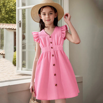 Kids Dresses for Girls 8-12 Years Pink Small Flying Sleeves V-Neck Dress 2024 New Summer Teenager Sweet Casual Daily Dress
