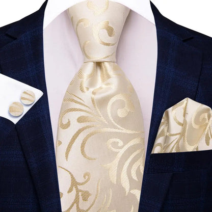 Hi-Tie Champagne Gold Striped Paisley Solid Men Silk Wedding Tie Fashion Design Necktie For Men Hanky Cufflink Business Party Good Vibrations