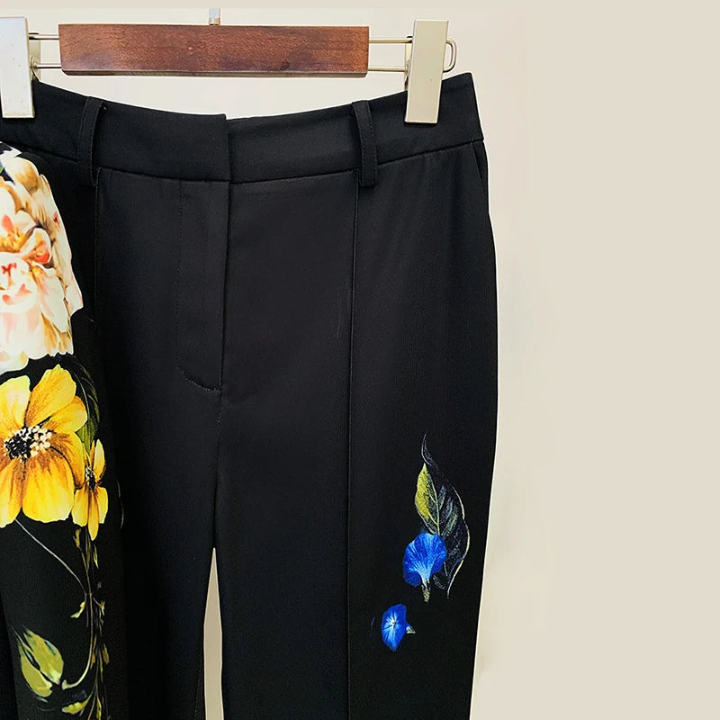 Two Piece Set For Women Fashion Floral Printed Single Button Suits Elegant Slim Fitting Formal Blazer Flare Pants Two Piece Sets Good Vibrations