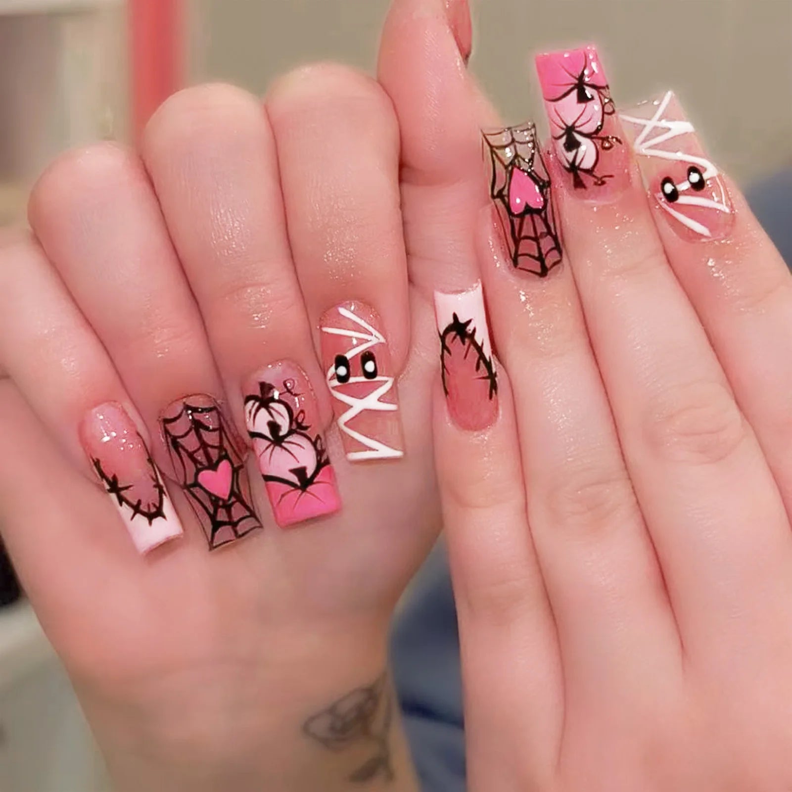 24pcs Sweet Cool Halloween False Nails Pink Medium Coffin French Fake Nails Bandage Ghost Spiderweb Pumpkin Design Press On Nail Good Vibrations