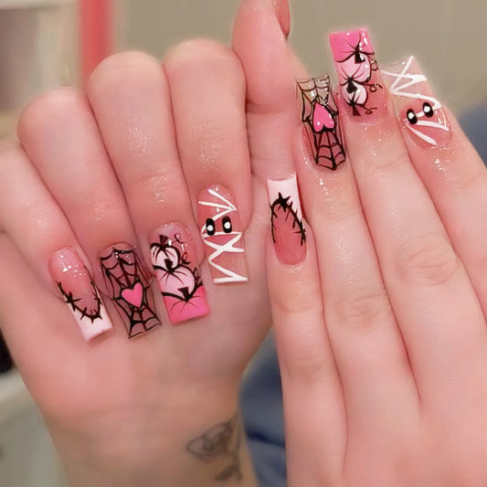 24pcs Sweet Cool Halloween False Nails Pink Medium Coffin French Fake Nails Bandage Ghost Spiderweb Pumpkin Design Press On Nail Good Vibrations