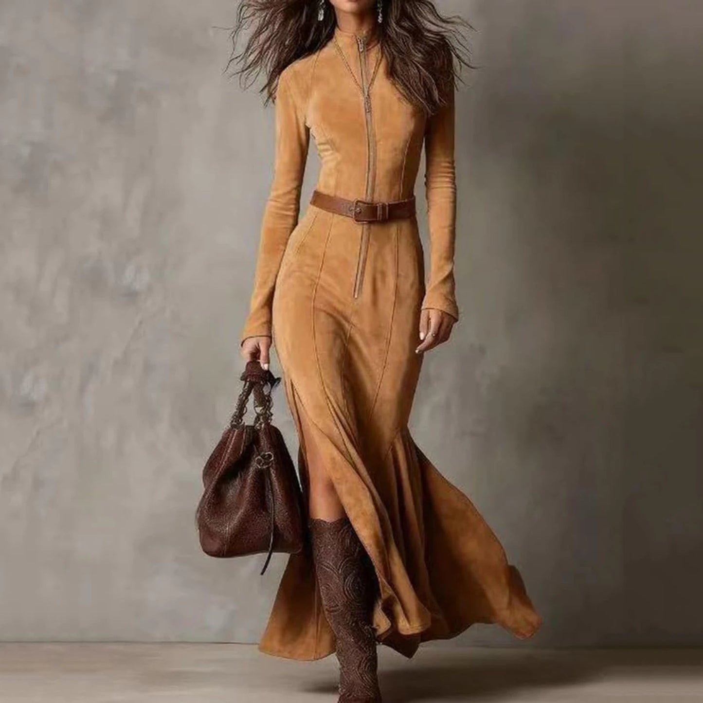 Fashion Western Cowboy Long Dress with Pleated Wrap Design Solid Skinny Flowing Ruffled Hem Maxi Dress Chic Travel Clothes Good Vibrations