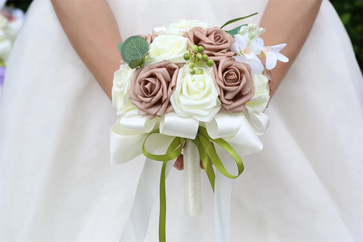 YeeNanee Wedding Gold Hoop Bouquet for Bridesmaids Floral Rose Eucalytpus Metal Ring Wreath Bridal Shower Ceremony Decoration Good Vibrations