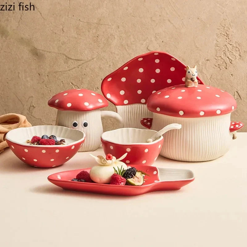 Mushroom Ceramic Tableware Mushroom Rice Bowl Noodles Bowl Soup Pot Flat Plate Sushi Plate Mushroom Mug Spoon Kitchen Tableware Good Vibrations