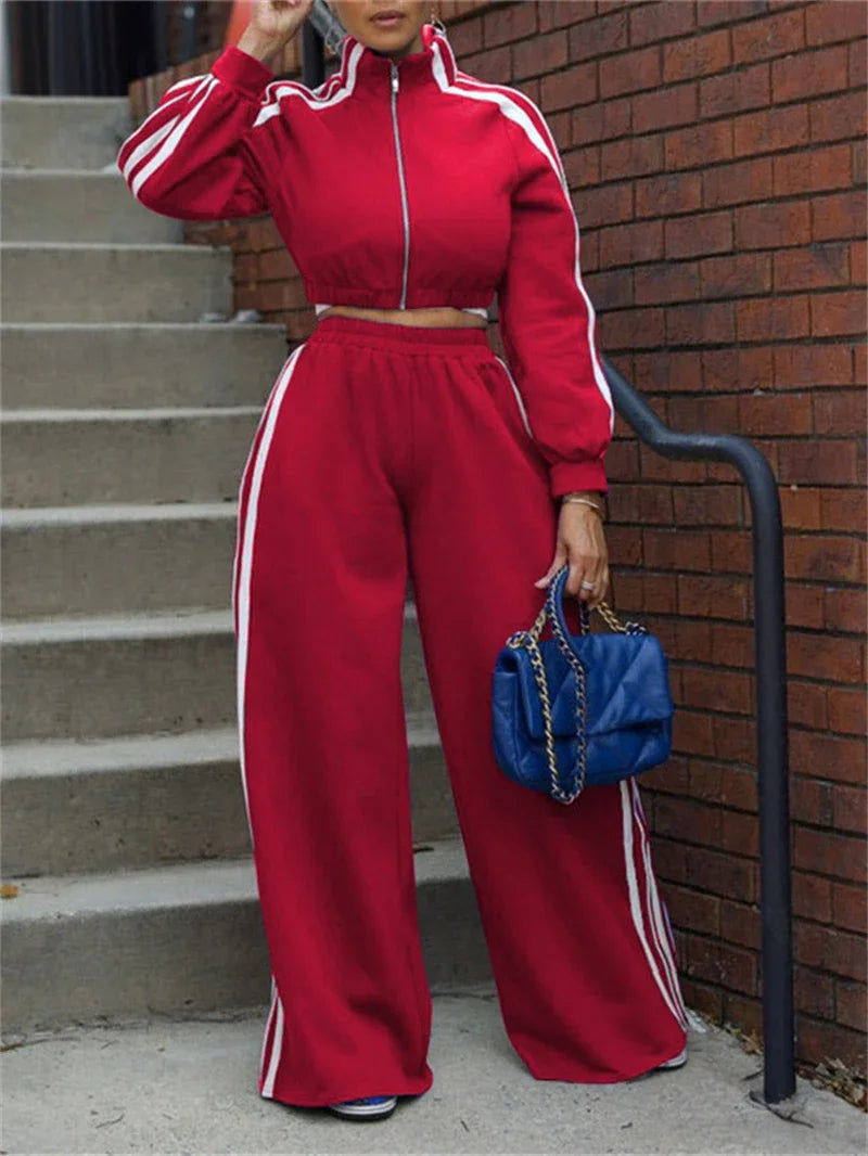 Street 2 Piece Sets Women Outfit Fall Clothes 2024 Women Side Stripe Crop Top + Pant Sets Casual Tracksuits Set Woman Sweatsuits Good Vibrations
