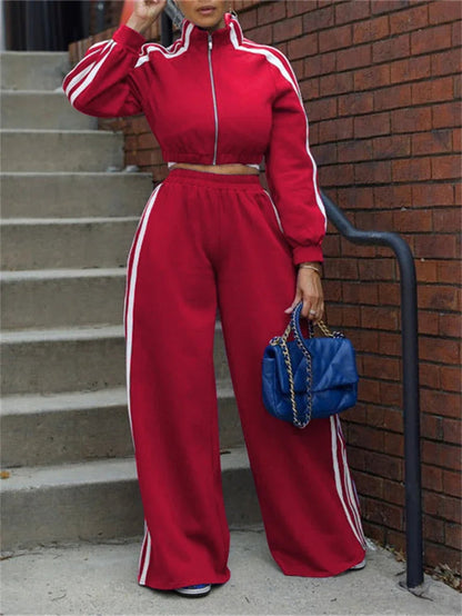 Street 2 Piece Sets Women Outfit Fall Clothes 2024 Women Side Stripe Crop Top + Pant Sets Casual Tracksuits Set Woman Sweatsuits Good Vibrations