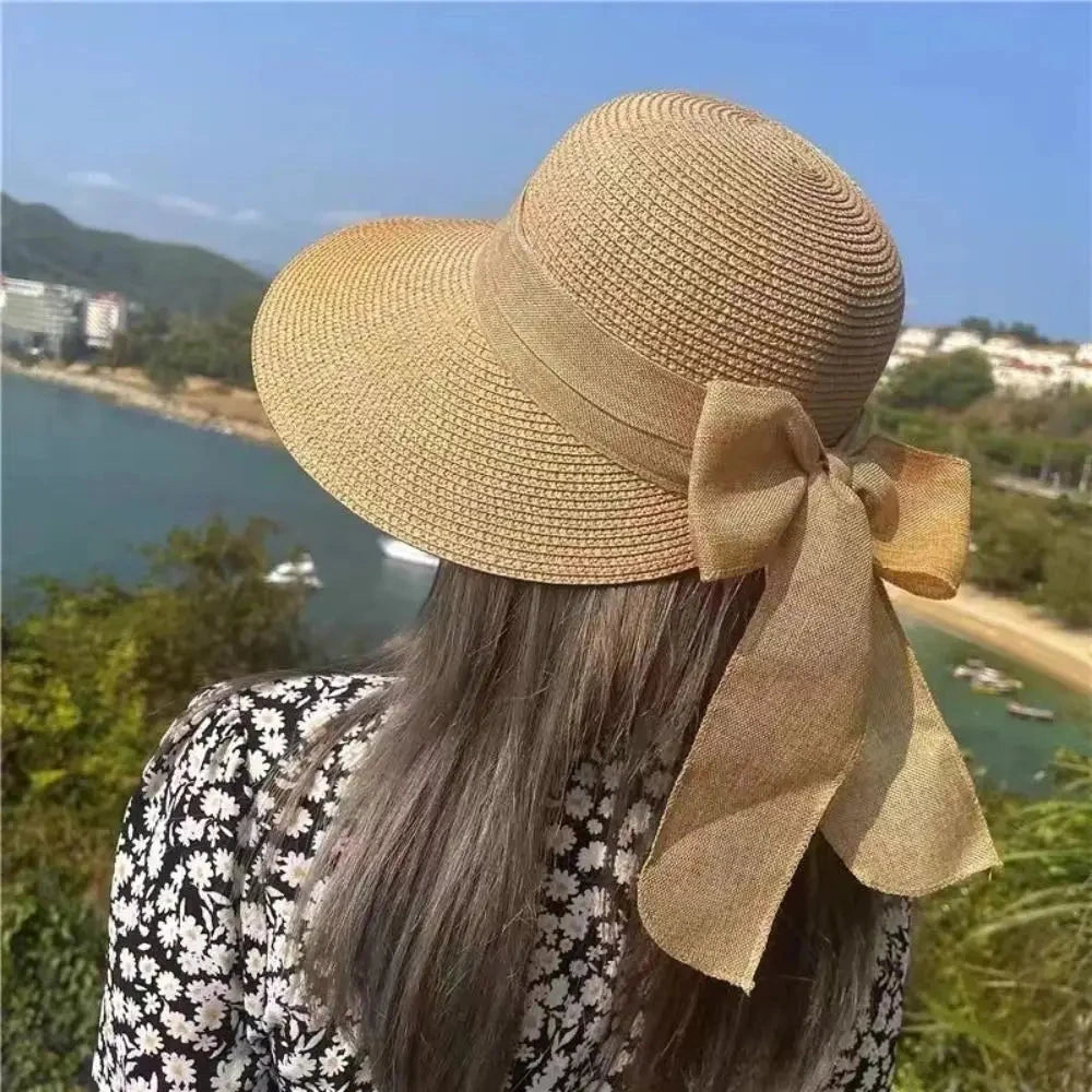 Summer Hats For Women Sun Hat Beach Cap Ladies Bowknot Panama Cap Lady Casual Bucket Hat For Women Straw Hat Good Vibrations