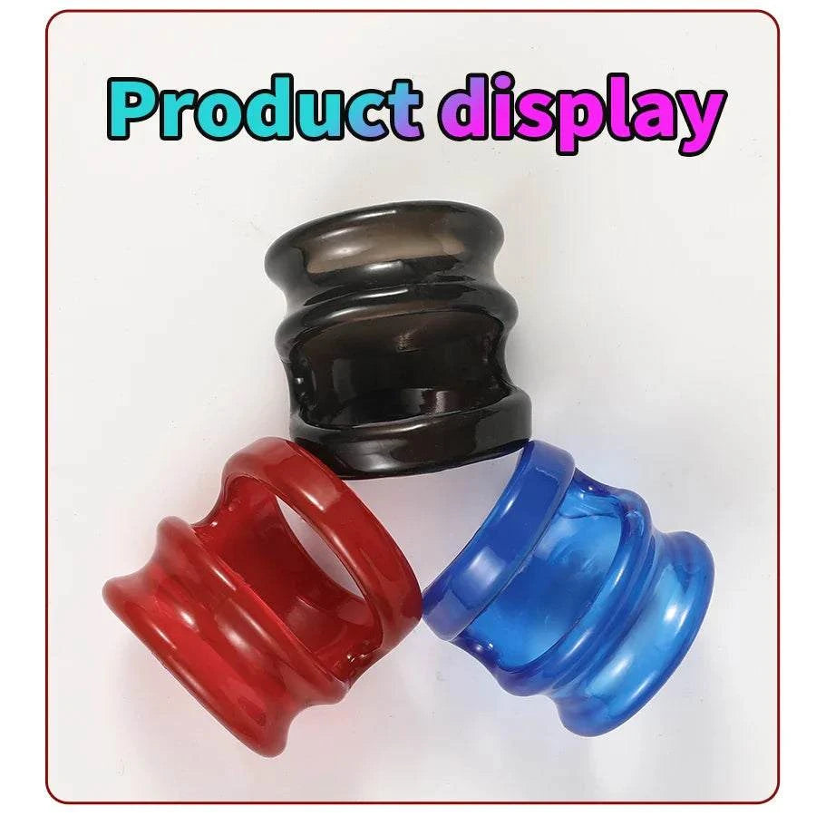Semen Lock Ring Male Masturbator in black, red, and blue silicone bands displayed against white background.