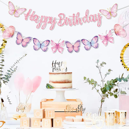 Pink Happy Birthday Banner With Butterfly Dancing Hanging Pendant Garlands  Girls Princess 1st Happy Birthday Party Decorations Good Vibrations