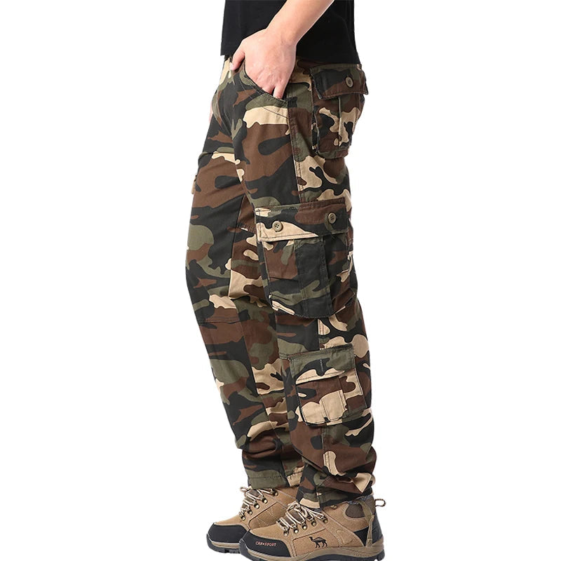 Men's Tactical Camouflage Overalls High-Quality Cotton Multi-Pocket Trousers Sports Training Casual Work Pants Good Vibrations