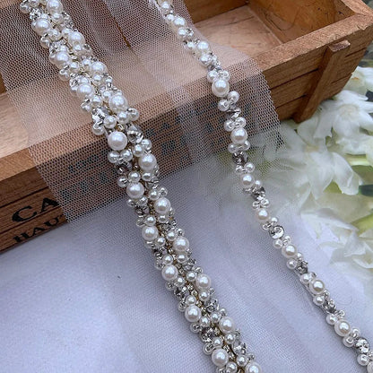 90cm Pearl Beaded Lace Trim Ribbon Garment Decoration Applique Trimming Rhinestone Tape DIY Sewing Fabric Material Accessories Good Vibrations