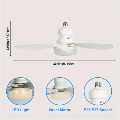 Socket Fan Light With Remote 20.5in Small Ceiling Fan With LED E26 27 Cordless Light Screw Fan For Kitchen Bedroom Small Room Good Vibrations