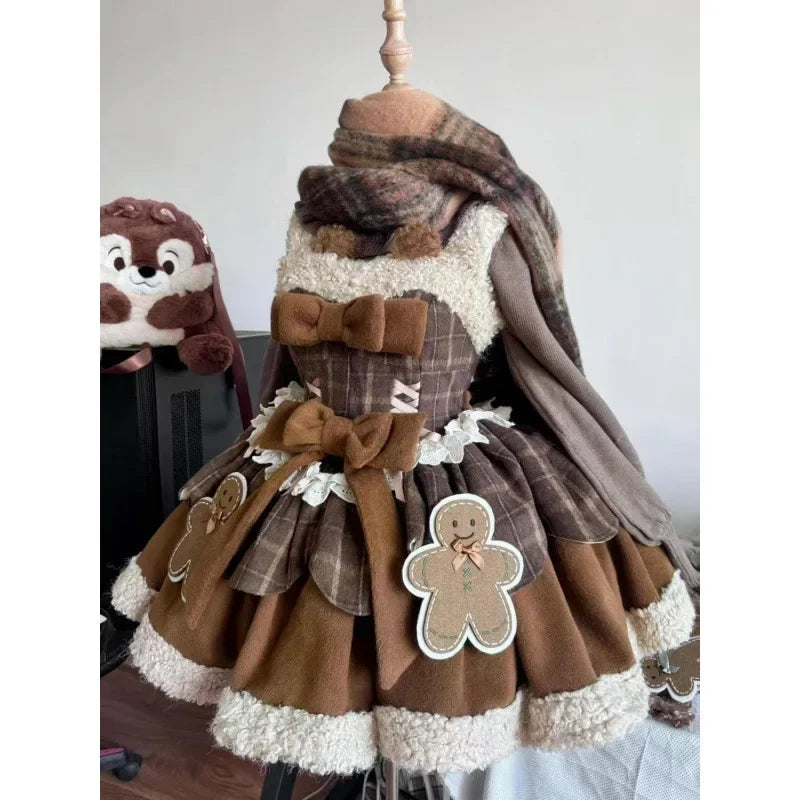 Moka Brown Sweet Christmas Lolita Spliced Cape Set Butterfly Knot Strap Dress Autumn Winter Two Piece Set Floor Length Skirt Good Vibrations