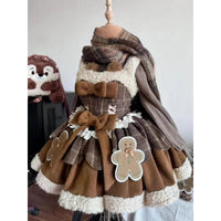 Moka Brown Sweet Christmas Lolita Spliced Cape Set Butterfly Knot Strap Dress Autumn Winter Two Piece Set Floor Length Skirt Good Vibrations