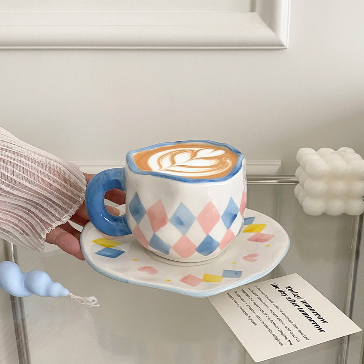 1Pc280Ml Original Design Scandinavian Style Hand-Kneaded Ceramic Coffee Cup and Saucer Multi-Color Plaid Heart Blue Sky and White Clouds Flower Mug Suitable for Afternoon Tea Milk Cup and Saucer Latte Cup Dessert Plate Cup an Good Vibrations