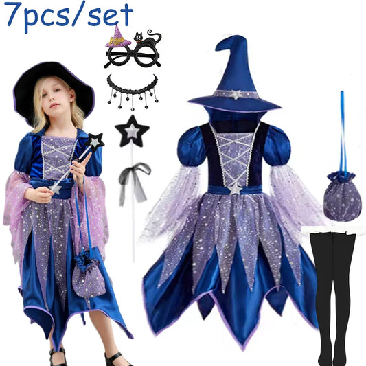 Girls Halloween witch costume dress with hat wand bag and accessories for kids party cosplay