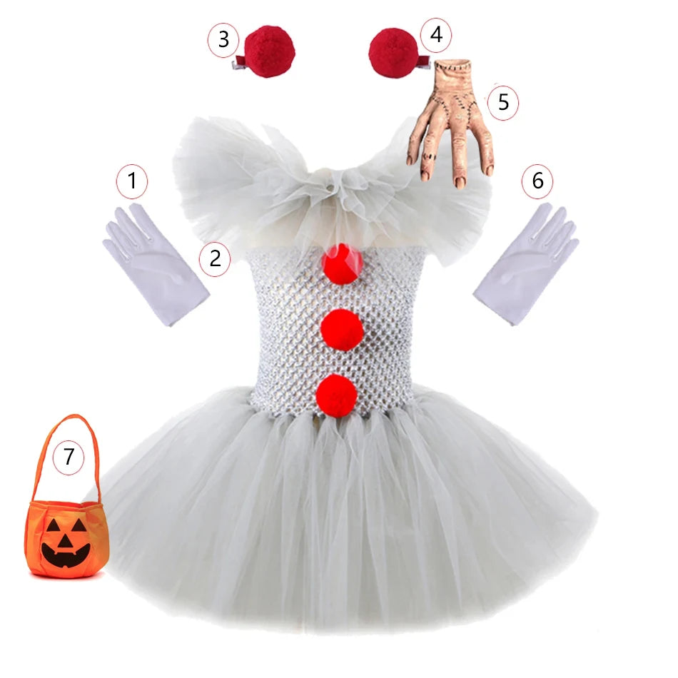 Halloween Costume For Kids Gray Girls Tutu Dress Kids Cosplay Scary Clown Costume Carnival Masquerade Party Dress Up 3-12Y Good Vibrations