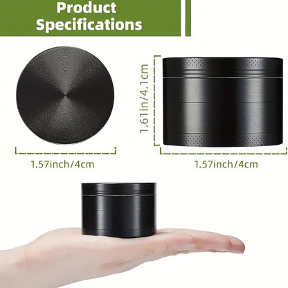 Metal herb grinder 40mm, black, with frosted finish, showcased on hand for size.