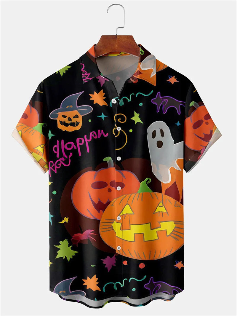 Men's Fashion Halloween Shirt Summer Cute Style Men's Clothing Party Holiday Men Top Pumpkin Head Print Boys' Short Sleeve Shirt Good Vibrations