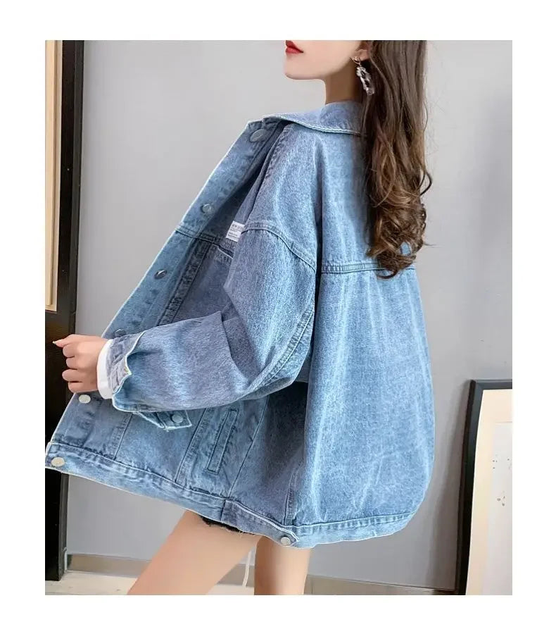Casual Long Sleeve Denim Shirt Women's Versatile Spring Autumn Wear Multiple Times Outerwear Polyester Fiber Loose Fit Good Vibrations