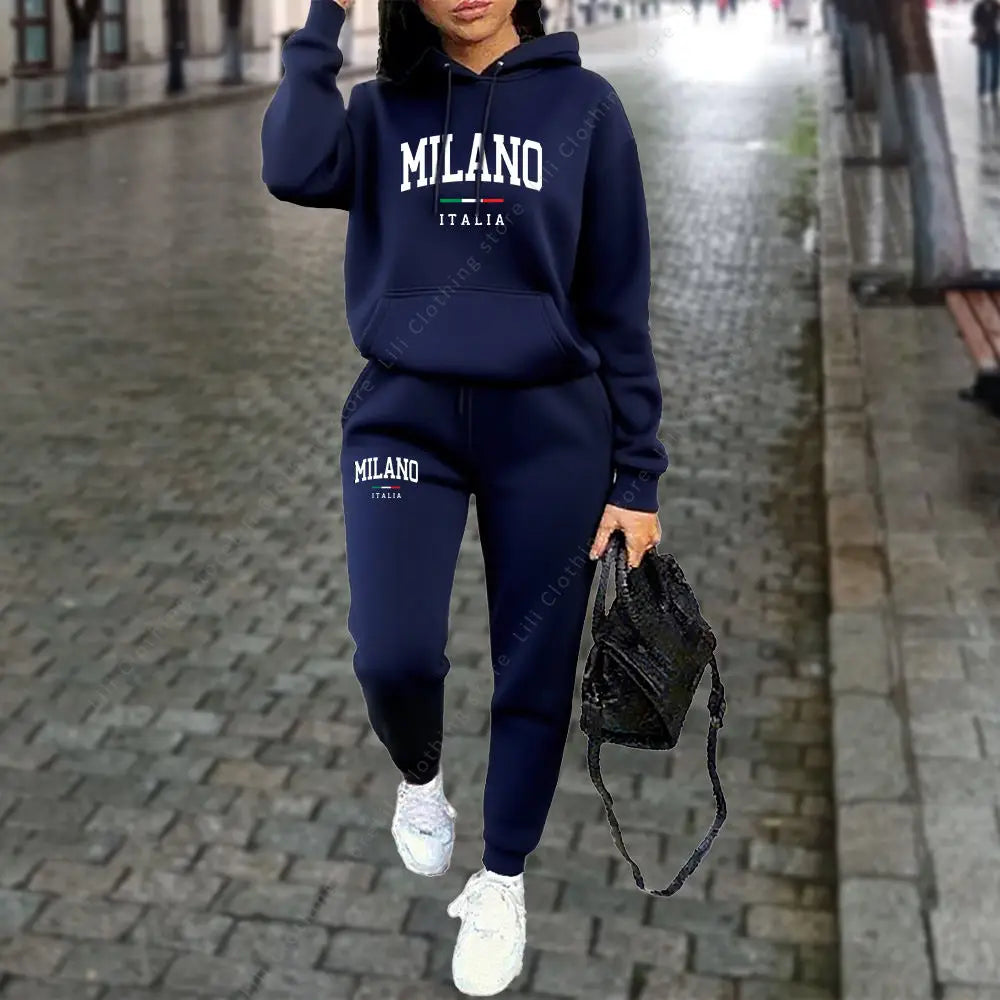 Autumn Winter Women's Sets 2pcs Hoodies Pants Suit Sports Outfits 2025 MILANO Letter Print Aesthetic Clothes Ladies Tracksuit Good Vibrations