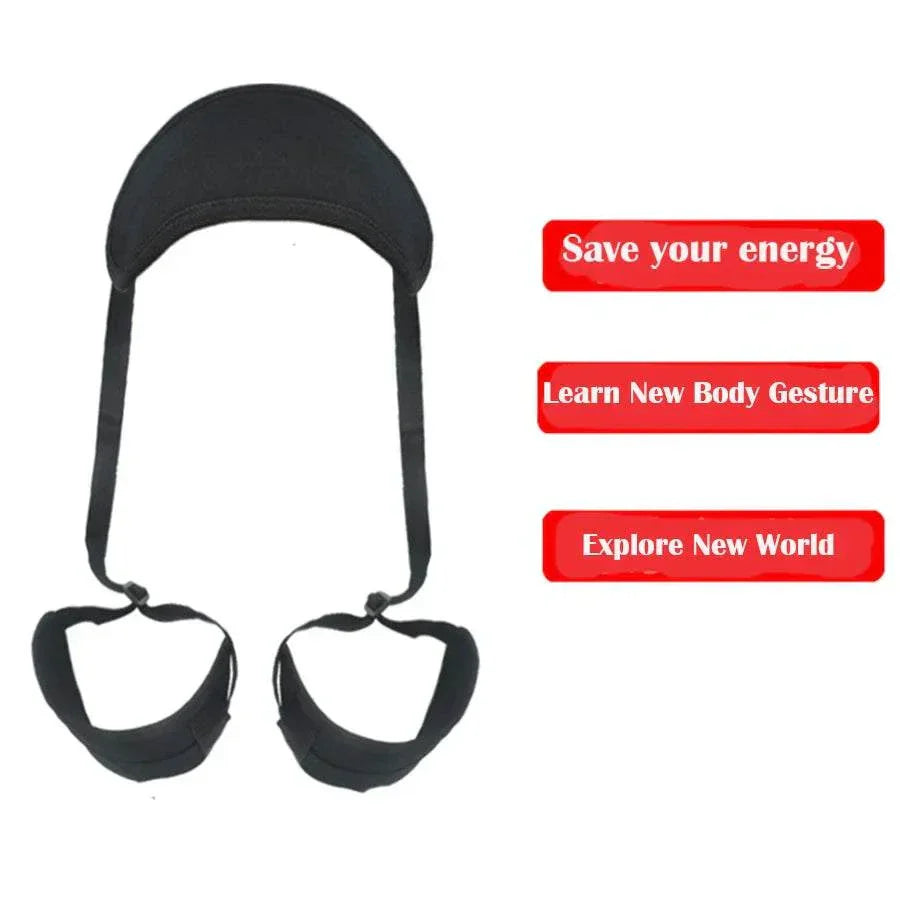 Open thigh BDSM sex toy with adjustable straps and neck pillow, designed for adult couple games.