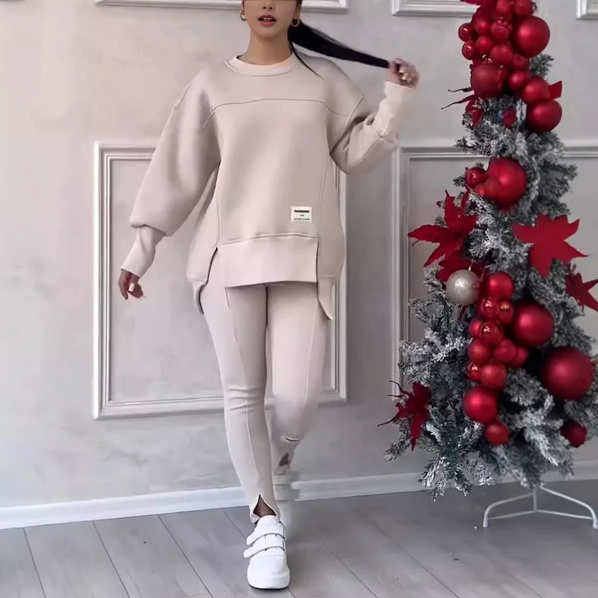 2pcs Women Sport Suit Hoodie Sweatshirt Winter Loose Irregular Top + Leggings Pant Casual Jogger Outfit  Sports Two-piece Set Good Vibrations