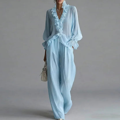 White Casual 2 Piece Outfit for Woman Sexy Ruffle V Neck Long Sleeve Blouse Wide Leg Pants Set Spring Summer Bohemian Suit Mujer Good Vibrations