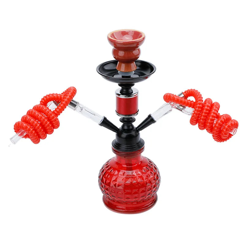 Travel Arabian Hookah Set with double hose, red glass design, and ceramic bowl.