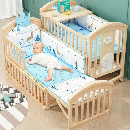 Comfortable Baby Bed,Solid Wood,Movable,with Diaper Changing Table and Mosquito Net,Multifunctional Baby Bed, Adjustable Height Good Vibrations