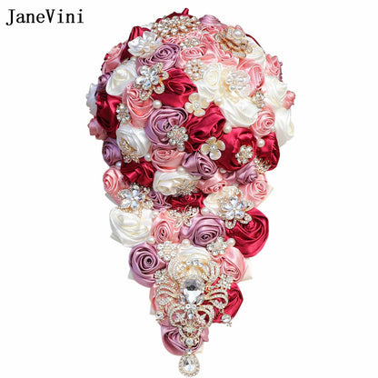 JaneVini Elegant Korean Light Blue Cascading Flowers Crystal Waterfall Bridal Bouquets Pearl Ribbon Roses Wedding Brooch Bouquet Good Vibrations