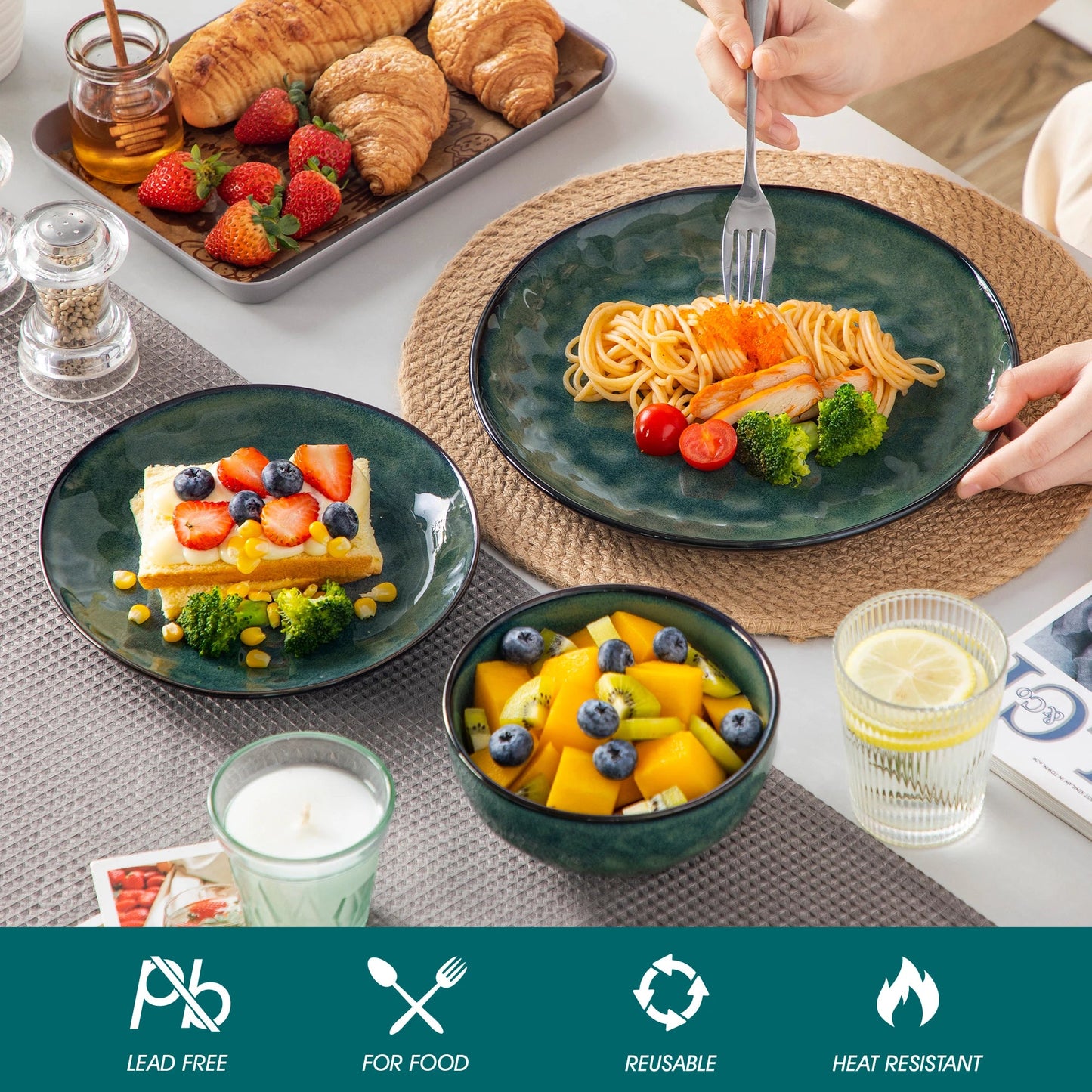 vancasso 12/24 Pcs Green Ceramic Plates Set Kiln Change Stoneware Dinner Set with 4PCS Dinner Plate/Dessert/Cereal Bowl for 4/8 Good Vibrations