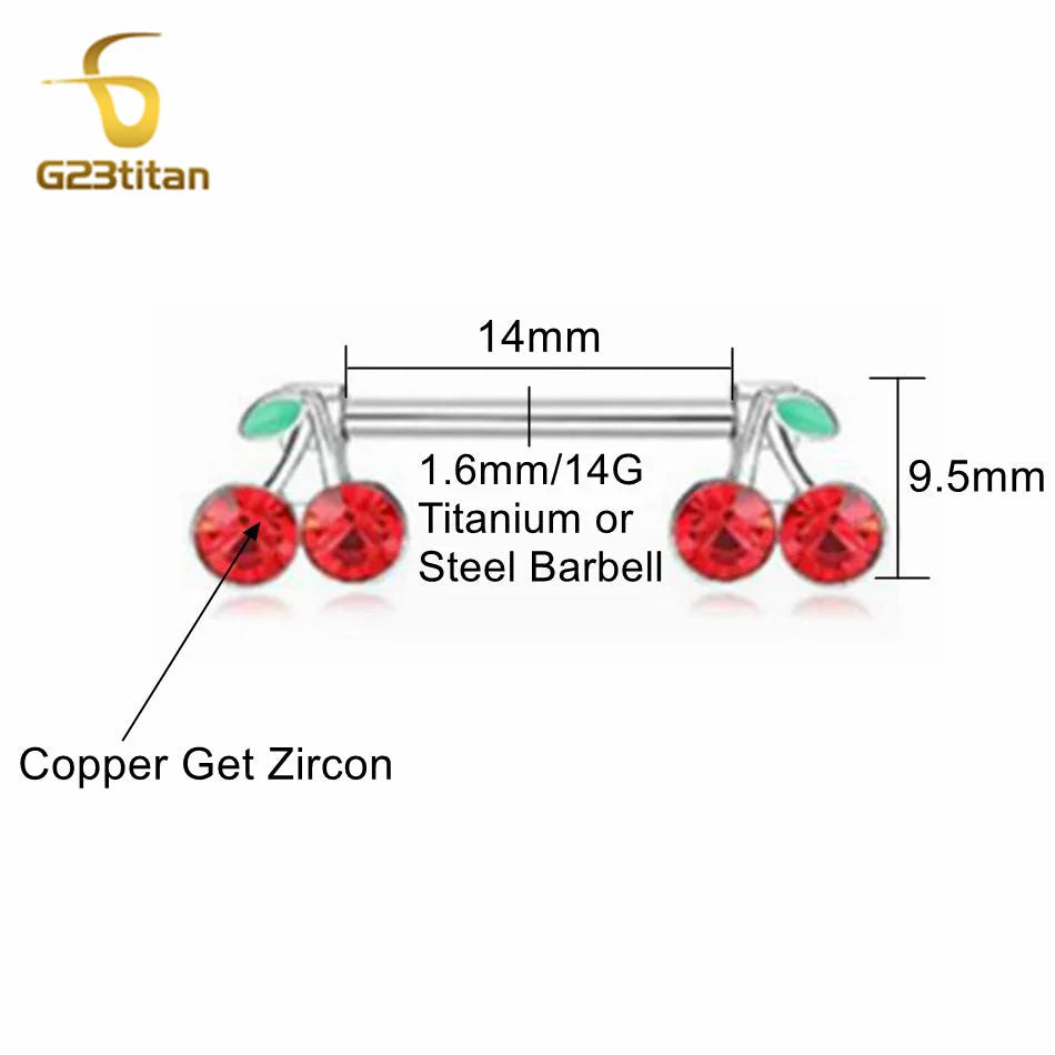 2pcs 14G Titanium Barbell Sweet Cute Cherry Shaped Zircon Breast Ring For Women Body Piercing Sexy Nipple Ring Jewelry Ornament Good Vibrations Adult Super Store