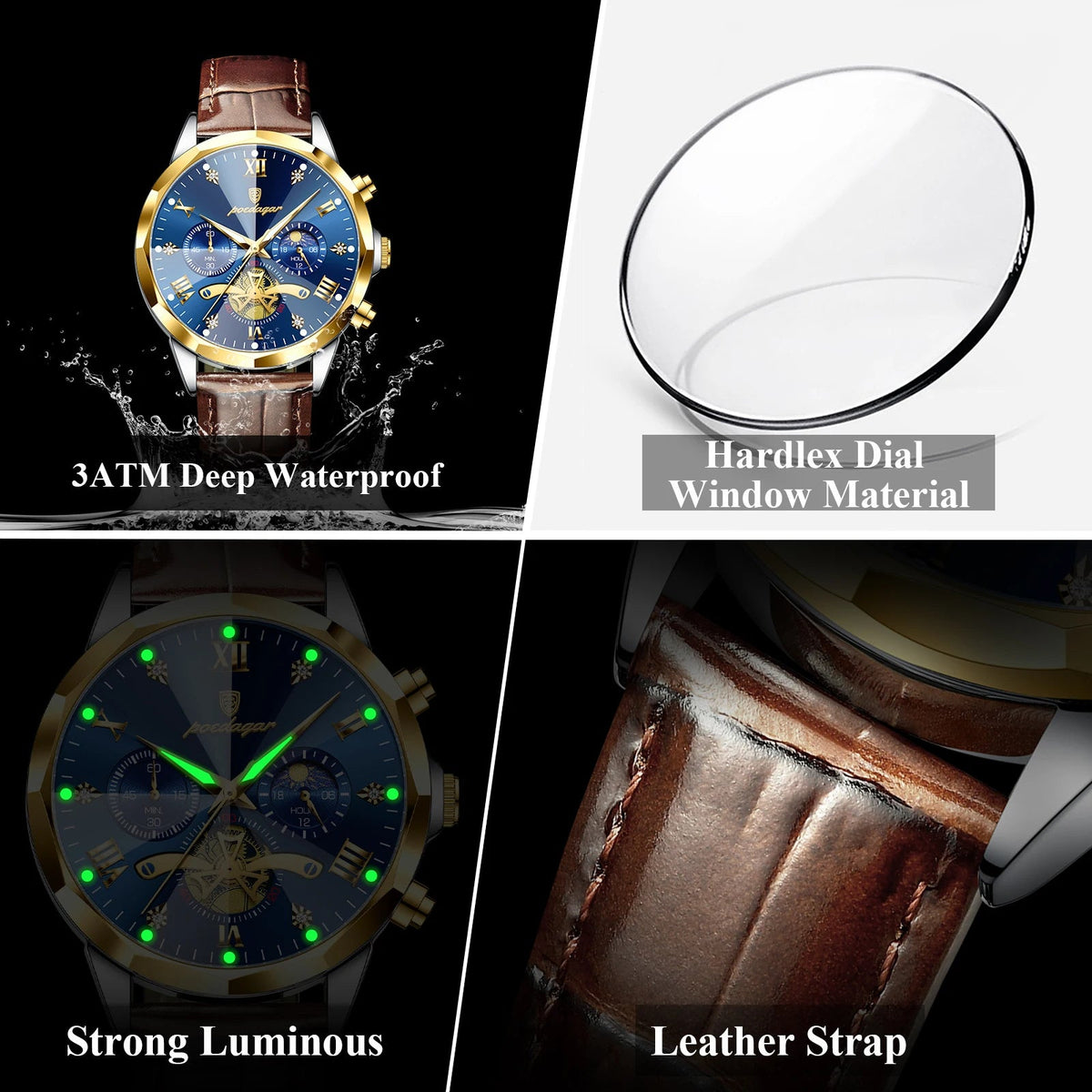 POEDAGAR Military Luxury Men Wristwatch Quartz Waterproof Luminous Chronograph Leather Man Watch Sports Men's Watches Male Reloj Good Vibrations