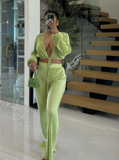 Casual Sets Womens Outfits Fall Clothes 2 Piece Lounge Set Draped Top and Elastic Wrap Pant Sets Outfits Wholesale Dropshipping Good Vibrations