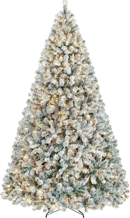 5 to 10ft Artificial Christmas Tree , Snow Flocked Full Prelighted Xmas Tree with 2084 Branch Tips, 900 Incandescent Lights Good Vibrations