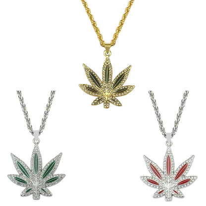 Rhinestone Weed Pendant Necklace Maple Leaf Necklaces Gold Color Chains for Women men Male Steampunk Jewelry Good Vibrations Adult Super Store