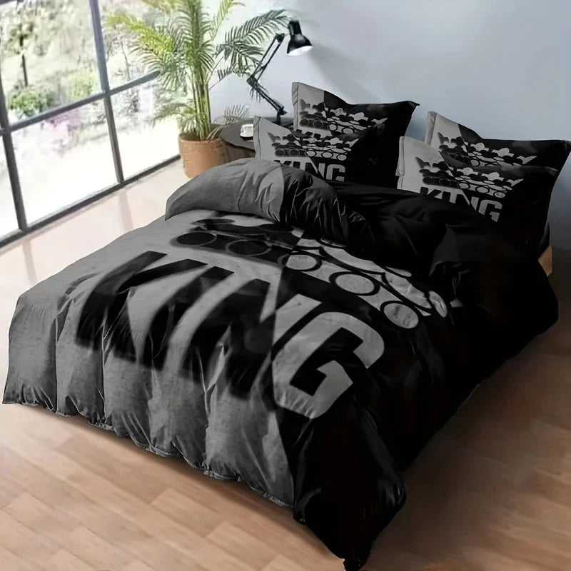 Grey and Black King Size Bed Pattern Down Duvet Cover Set, Soft and Comfortable Bedroom and Dormitory Decoration Bedding Set Good Vibrations