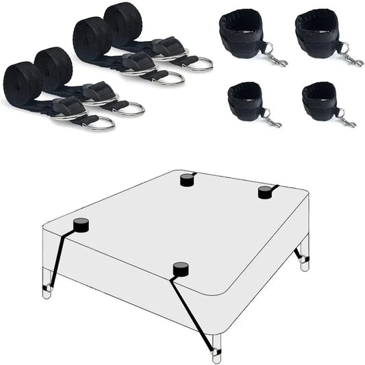 SM bed restraint kit with handcuffs and ankle cuffs for adult BDSM bondage games.