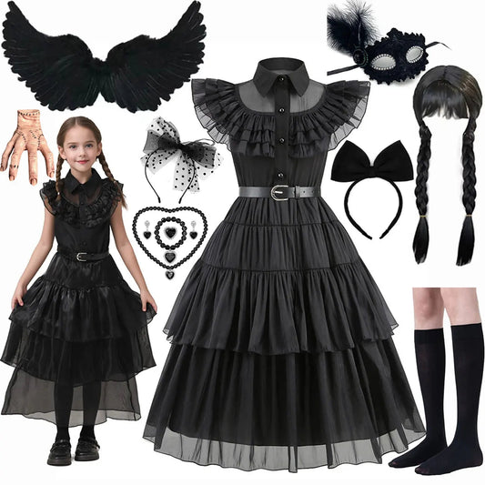 Girls Wendsday Dress Children Halloween Black Family Clothes Kids Dancing Cosplay Costume Princess Christmas Fantasy Good Vibrations