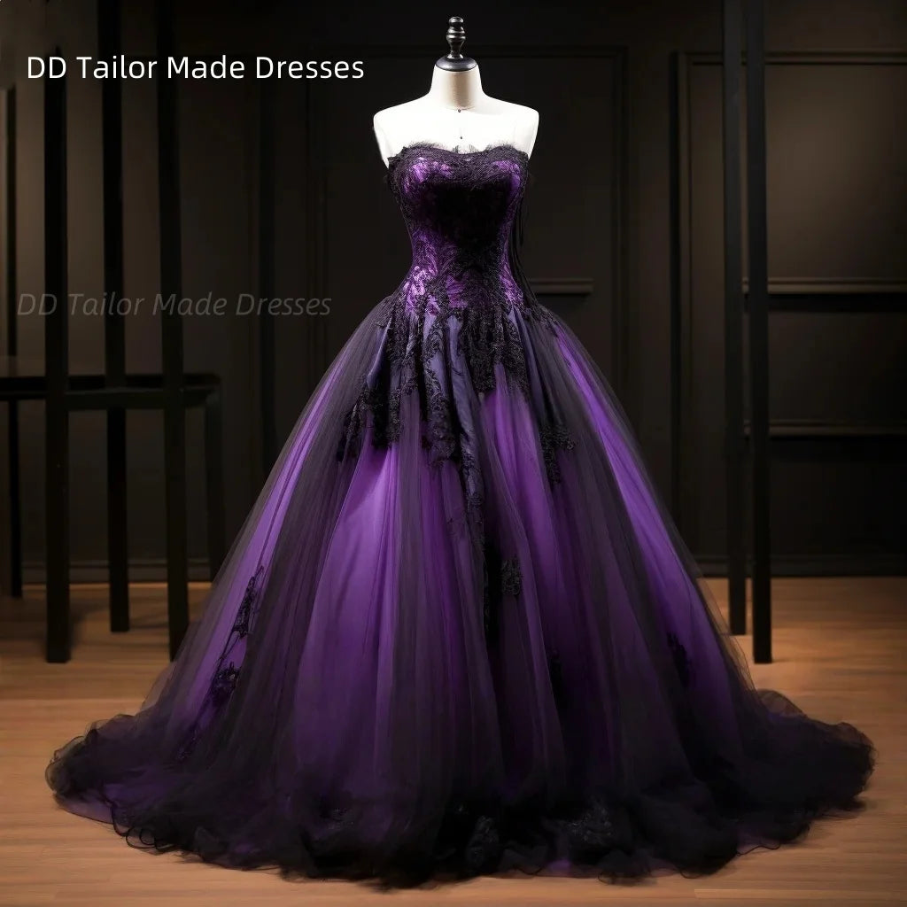 Classic Black And Purple Wedding Dress Court Train Sweetheart Sleeveless Tulle Long Vintage Gothic Bride Gown Customized Good Vibrations