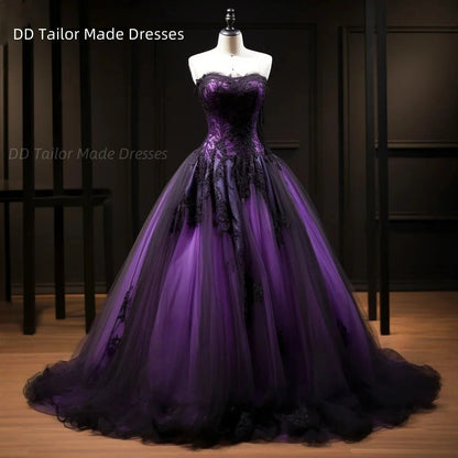Classic Black And Purple Wedding Dress Court Train Sweetheart Sleeveless Tulle Long Vintage Gothic Bride Gown Customized Good Vibrations