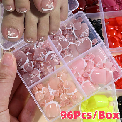 96Pcs/Box French Fake Toenails Butterfly/Flower Design Short Square  Press On Toenail Glossy Full Cover False Toe Nail Extension Good Vibrations