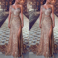 2025 Women's Wedding Party Dress Evening Elegant Sexy Deep V Neck One Shoulder Sleeveless Sequined Long Maxi Dresses For Women Good Vibrations