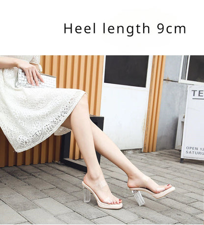 Women's High Heels, 2024 Summer New Waterproof Table with A Line Not Tired Feet Thick Crystal Slippers, Women's Shoes Good Vibrations