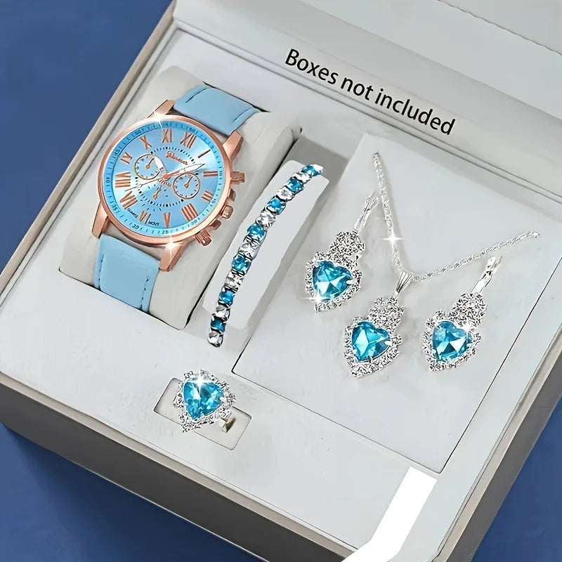 Fashion quartz watch and jewelry set, shock resistant circular analog digital display, PU leather strap, zinc alloy case Good Vibrations