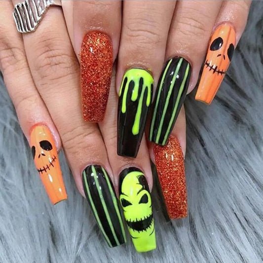 24PCS Of Halloween Nails Art Featuring Long French Square Ballet Fake Nails Funny Scarecrow Designs Gifts for women and girls Good Vibrations