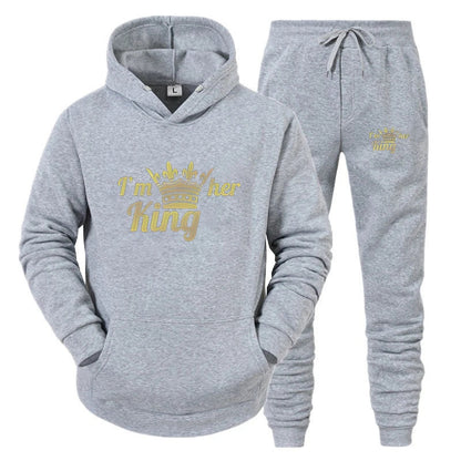 Fashion Long Sleeves KING And QUEEN Printed Hooded Suits Autumn Winter Couple Hoodie + Pants 2-Piece Suit Good Vibrations