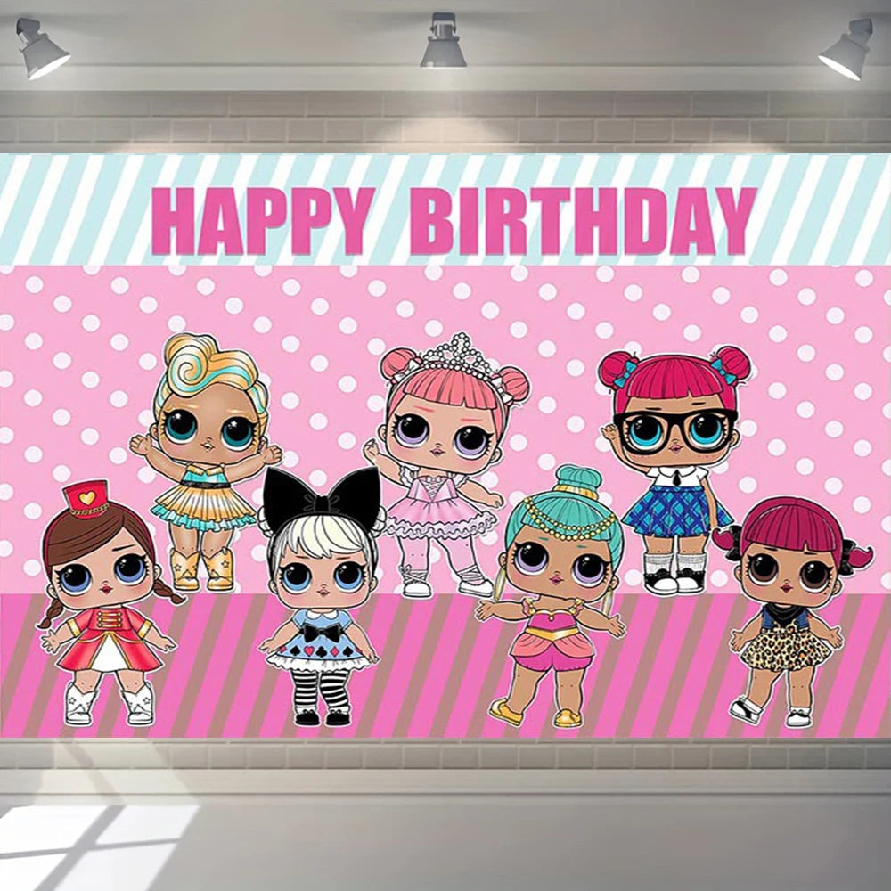 Girl Surprise Theme Backdrop Cute Shiny Doll Birthday Party Decoration Pink Latex Balloon Disposable Tableware Plate Cake Topper Good Vibrations